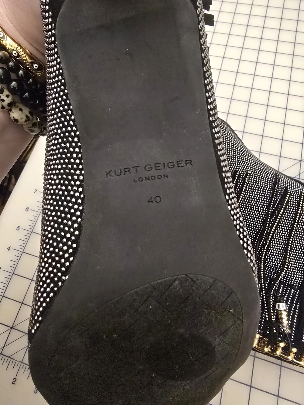 Kurt Geiger Black Rhinestone Fringe Ankle Boots with Gold Chain